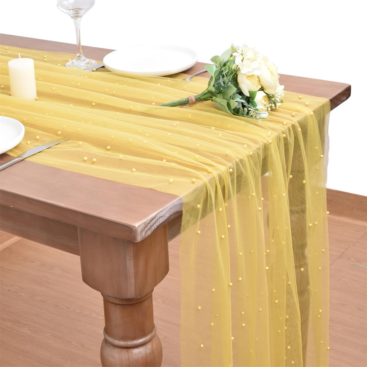 Yellow Pearl Spring Summer Table Runner Boho Rustic Tulle Lace Easter Table Runner for Baby Showe... | Amazon (US)