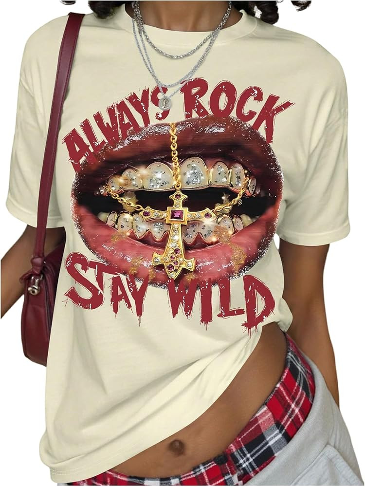 SweatyRocks Women's Lip Graphic Y2k Tees Short Sleeve Vintage T Shirts Going Out Tops Streetwear | Amazon (US)