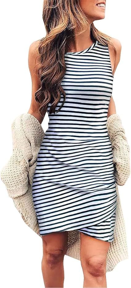 BTFBM Women 2023 Summer Sleeveless Tank Dresses Crew Neck Slim Fit Short Casual Ruched Bodycon Pa... | Amazon (US)