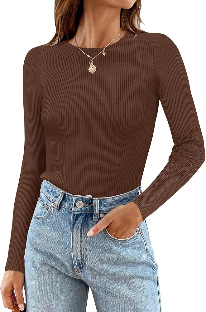 ZESICA Women's Long Sleeve Crewneck Shirts 2024 Fall Knit Sweater Slim Fitted Casual Basic Tee To... | Amazon (US)