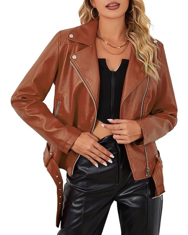 Bellivera Women Faux Leather Motorcycle Jacket Trendy Moto Biker Casual Fall Coat | Amazon (US)