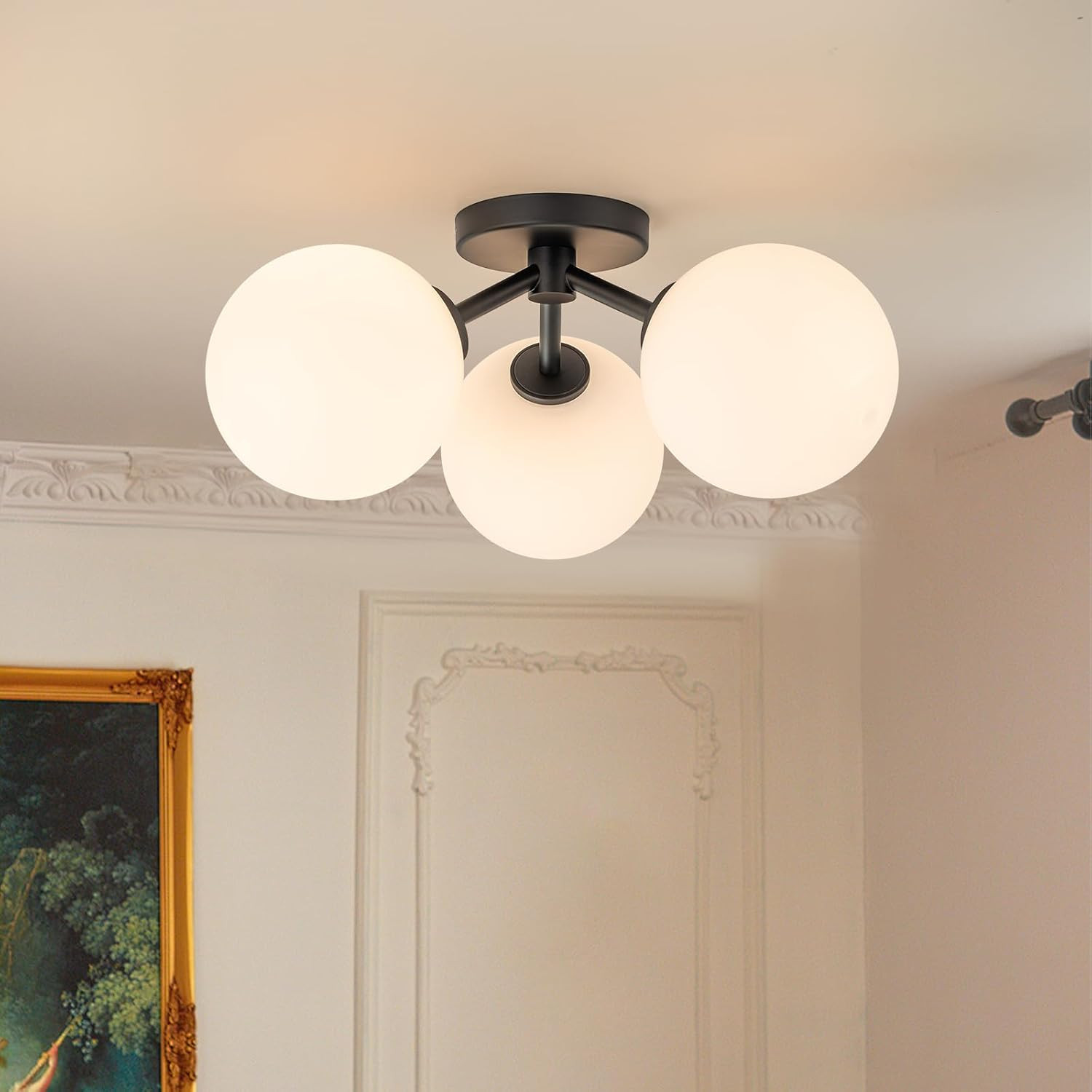 Black Semi Flush Mount Ceiling Light Fixture 3 Light 17.7 inch,Opal Glass Globe Mid Century Moder... | Amazon (US)