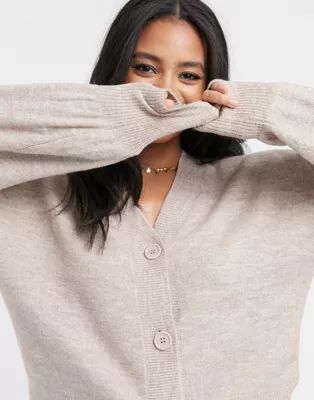 ASOS DESIGN button through fluffy boxy cardi in taupe | ASOS (Global)