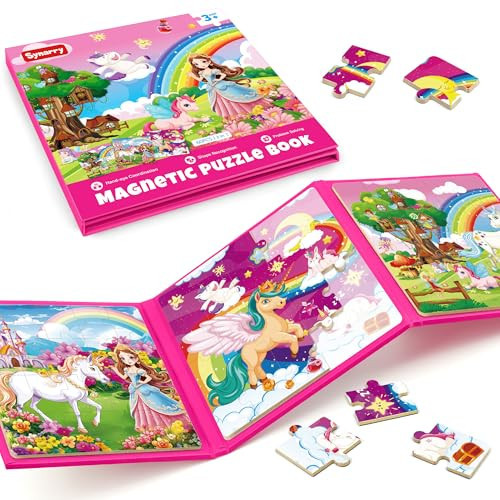 SYNARRY Unicorn Princess Fairy Magnetic Puzzles for Toddlers 3-5 Girls, 20 Pieces Travel Puzzles for Kids Ages 4-6, Easter Basket Stuffers Valentines Day Gifts, Car Airplane Road Trip Activities Toys | Amazon (US)