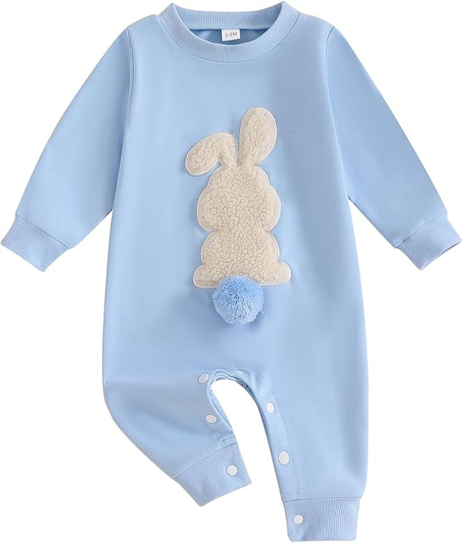 Easter Baby Boy Girl Outfit Embroidery Bunny Rompers Bunny Tail Jumpsuit Unisex Newborn Infant Ea... | Amazon (US)