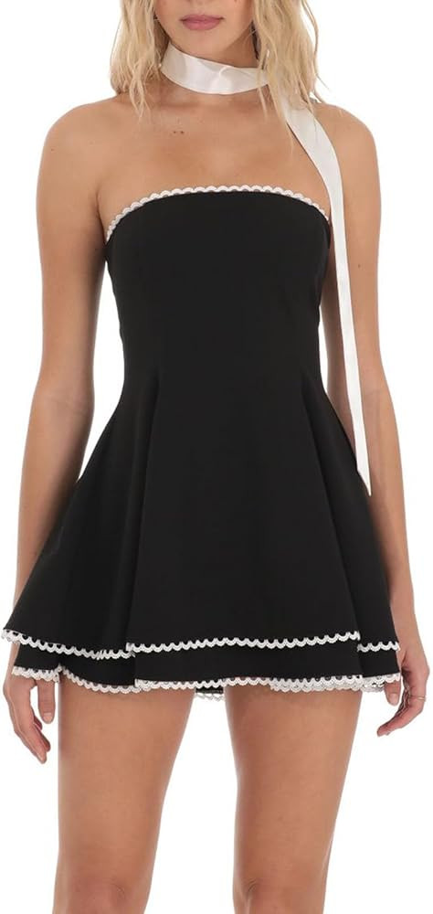 Woman Summer Contrast Color Tube Mini Dress Lace Trim A-Line Strapless Short Dress Ruffled Hem Zi... | Amazon (US)