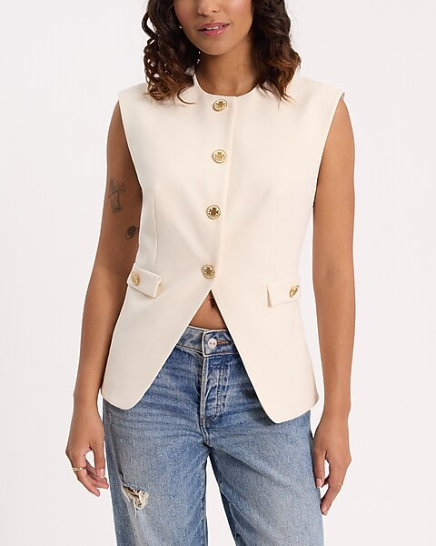 Split Hem Novelty Button Sleeveless Tailored Top | Express