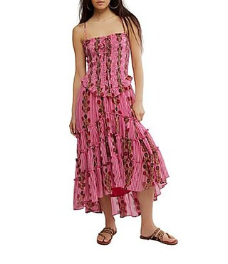 Free People Alejandra Floral Print Smocked Square Neck Tiered Midi Dress - S | Dillard's