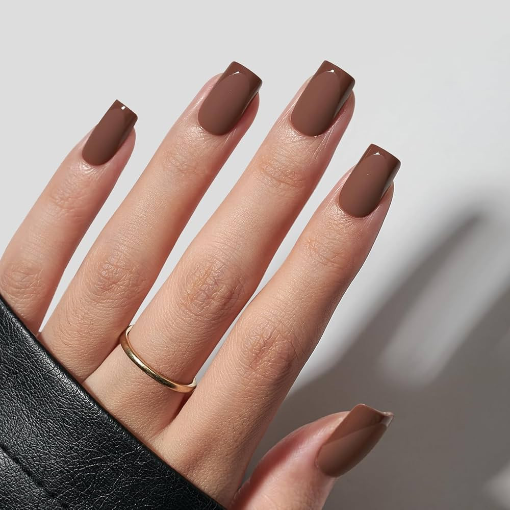 BTArtbox Press on Nails Short Square - Brown Nails with Glossy French Tips in A Matte Finish, Sof... | Amazon (US)
