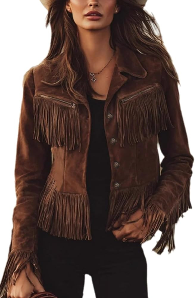 Fringe Jacket Women Faux Suede Vintage Cowgirl Style Tassel Button Up Long Sleeve Lapel Womens We... | Amazon (US)
