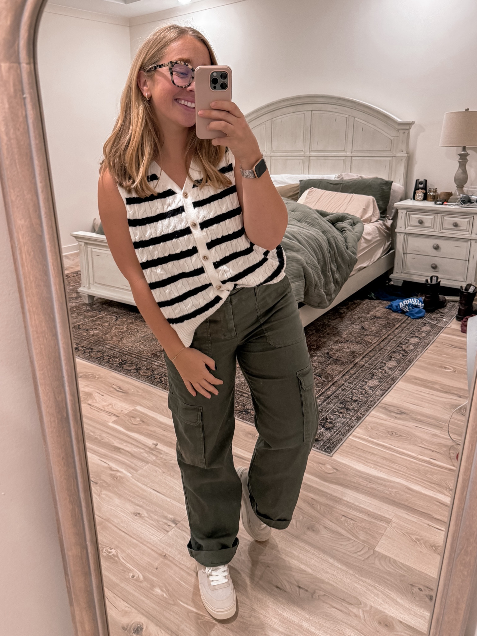 Casual teacher outfit idea - target style - green cargo pants - striped button down vest - reef sneakers 

#LTKU #LTKFallSale #LTKMidsize