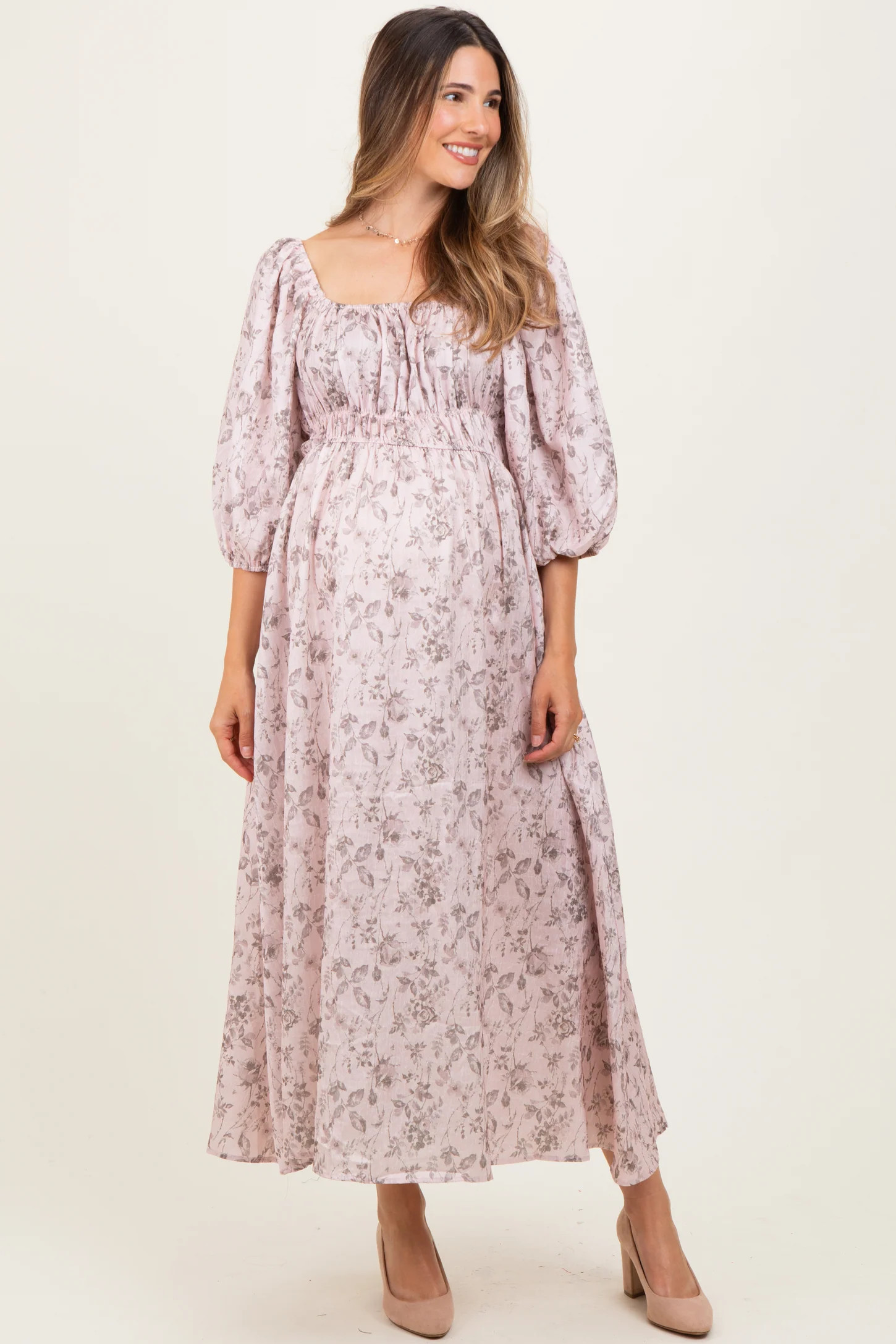 Light Pink Floral Puff Sleeve Smocked Waist Maternity Midi Dress | PinkBlush Maternity
