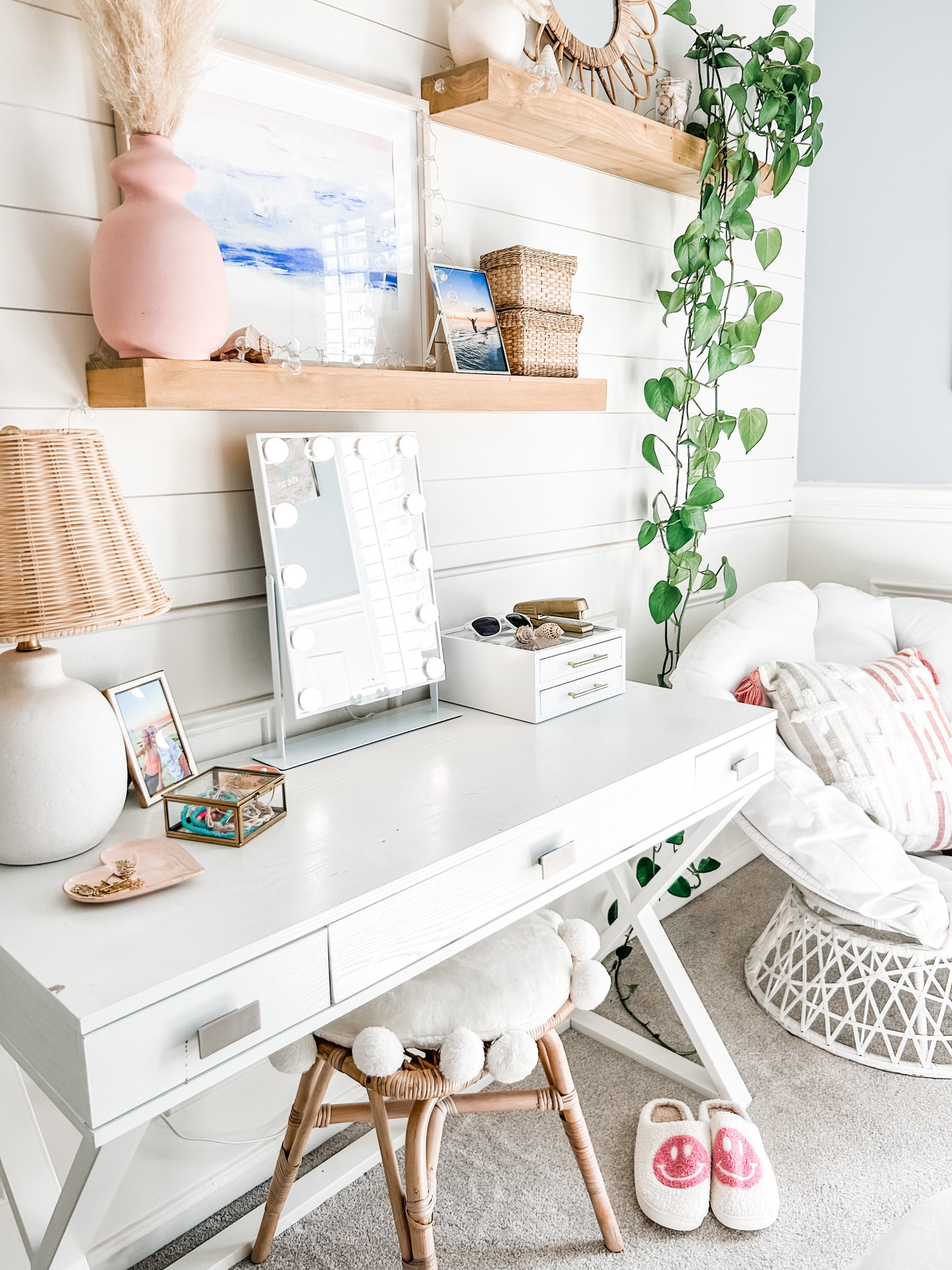 Beachy bedroom decor.

Teen girl bedroom, coastal bedroom, desk decor, white ceramic lamp with woven shade, rattan stool, white round pillow, floating shelves, light wood shelf, shelf decor, natural wood gallery frame, white desk, white x-leg desk, writing desk, girl desk decor, teen bedroom, bedroom decor, smiley face slippers, vanity mirror with Hollywood lights, papasan chair. Glass jewelry storage box, bedroom decoration.

#bedroom #teengirl #deskdecor
Amazon, Target, Studio McGee

#LTKhome #LTKstyletip #LTKFind