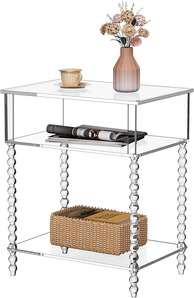 Acrylic Side Table, Clear 3-Tier End Table with Storage, Nightstand for Living Room, Bedroom, Off... | Amazon (US)