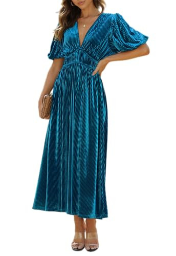 Maxigerui Women's Velvet Maxi Dress Formal Dresses for Wedding Guest Dress Lake Blue M | Amazon (US)