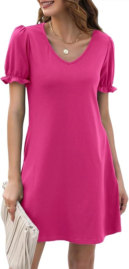 Halife Womens Summer Dresses Casual Puff Short Sleeve V-Neck T Shirt Dress with Pockets | Amazon (US)