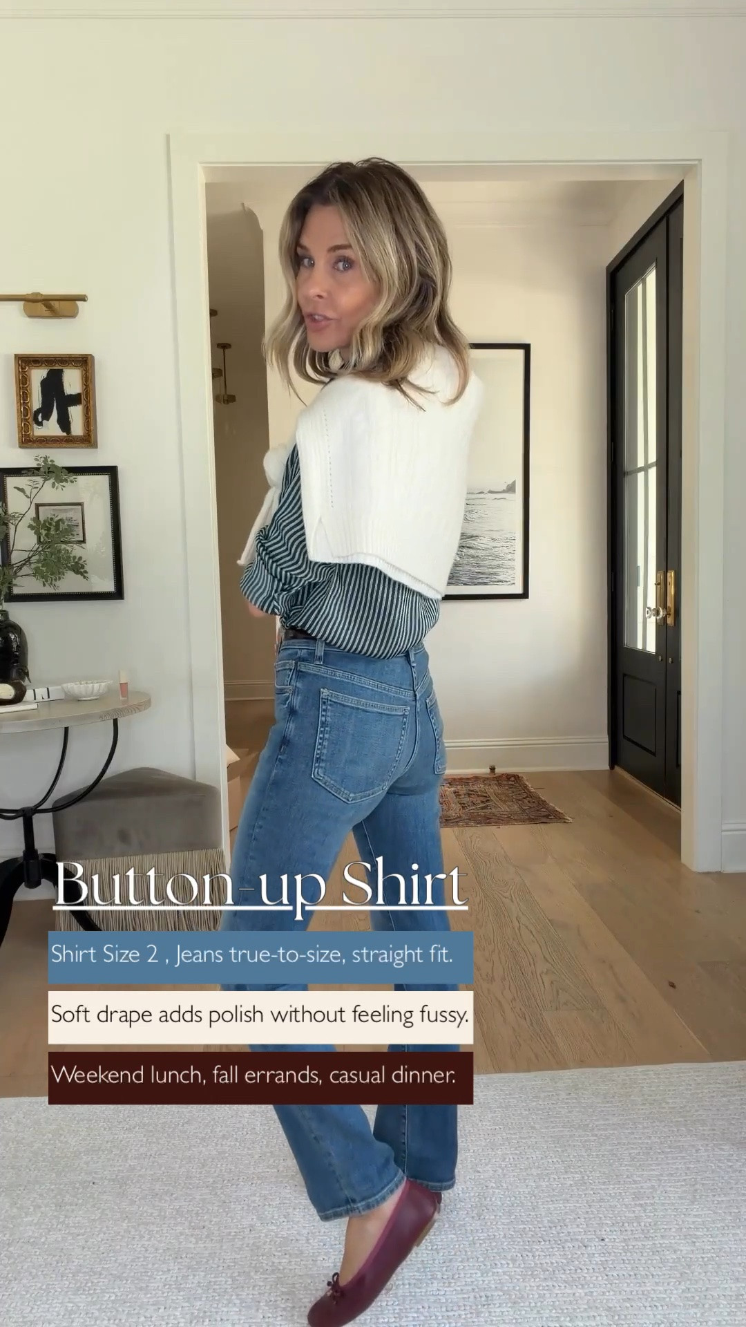 I love how this button-up adds polish without making the outfit feel fussy. Paired with straight-leg jeans, it’s such an easy look for weekend lunch, fall errands, or a casual dinner.

I'm 5'6". I’m wearing a size 2 in the shirt, and the jeans are true to size.

#LTKootd #LTKgrwm #LTKOver40
