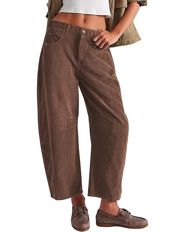 Women's Baggy Corduroy Pants Barrel Cropped Pants Elastic Mid Waist Cord Pants Work Business Casu... | Amazon (US)