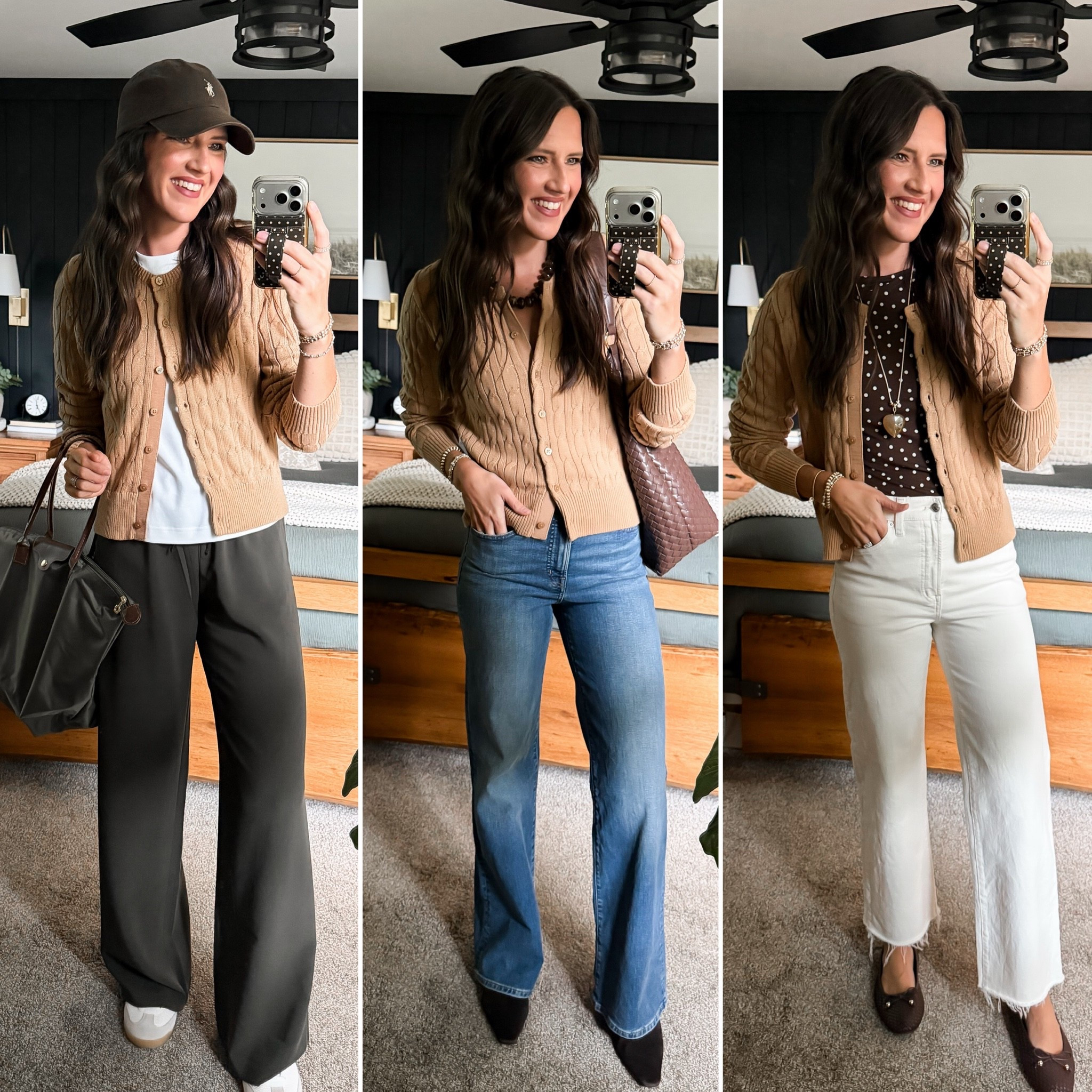 Fall Capsule Wardrobe - Camel Cardigan 

Cardigan (size up, I’m in a medium) 
Tee (small) 
Olive pants (small tall) 
Blue jeans (27 long) 
Polka dot top (small) 
Ivory jeans (27 long)