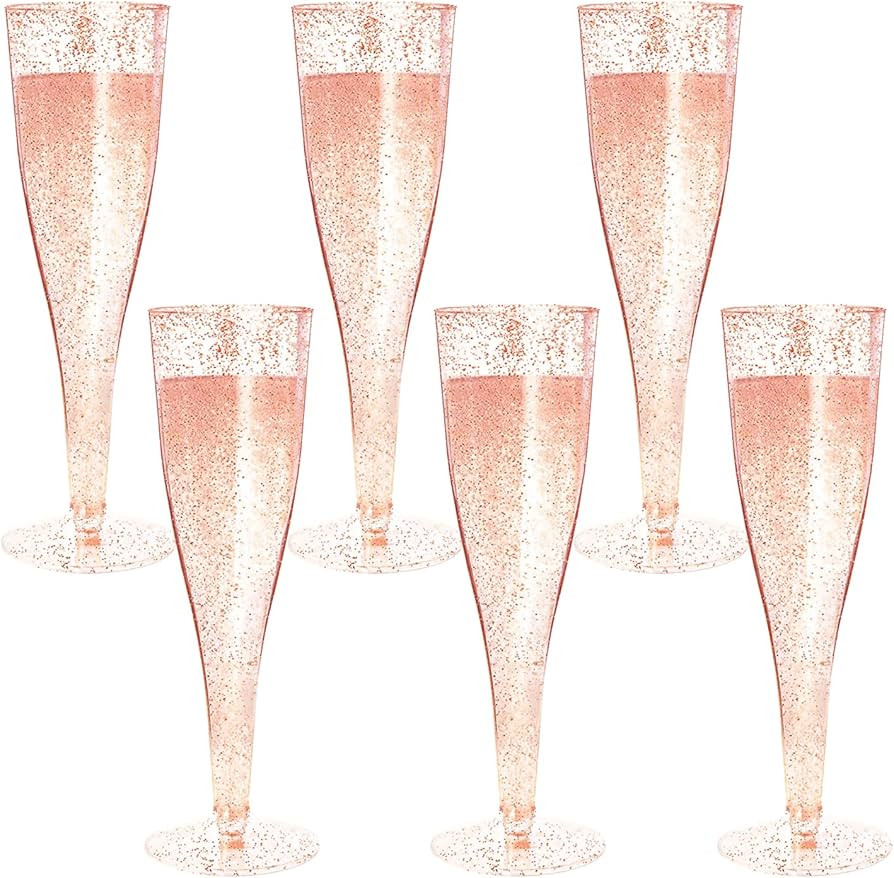 Disposable Champagne Flutes,6PC Rose Gold Glitter Plastic Champagne Glasses for Parties Plastic C... | Amazon (US)