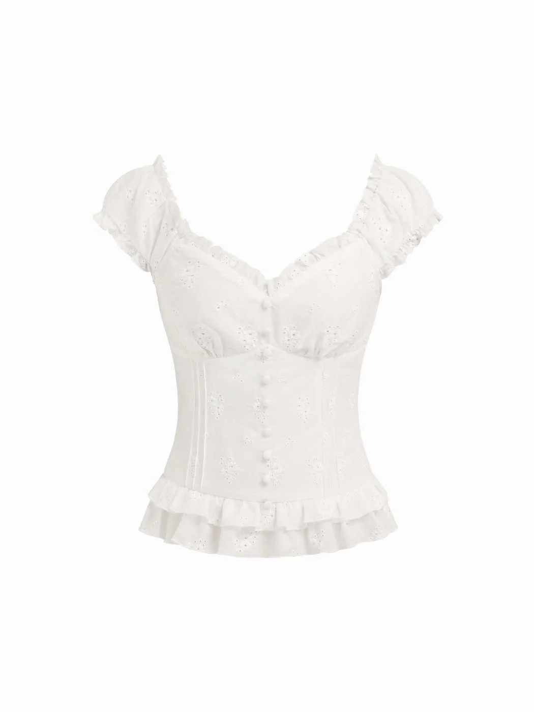 Baumwoll-Handstickerei Blume Knicksaum Knopf Bluse | Cider