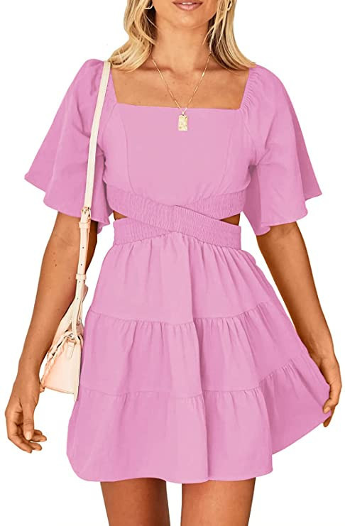 LEANI Womens 2023 Square Neck Cut Out Summer Dress Short Sleeve Crossover Waist Casual Party Mini... | Amazon (US)