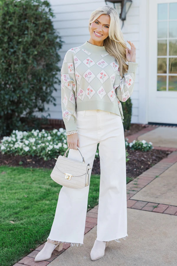 Perfectly You Sage Floral Argyle Cropped Sweater | The Mint Julep Boutique