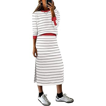 ANRABESS 2 Piece Skirts Sets For Women Fall Fashion 2025 Striped Sweater Midi Dress Knit Lounge T... | Amazon (US)