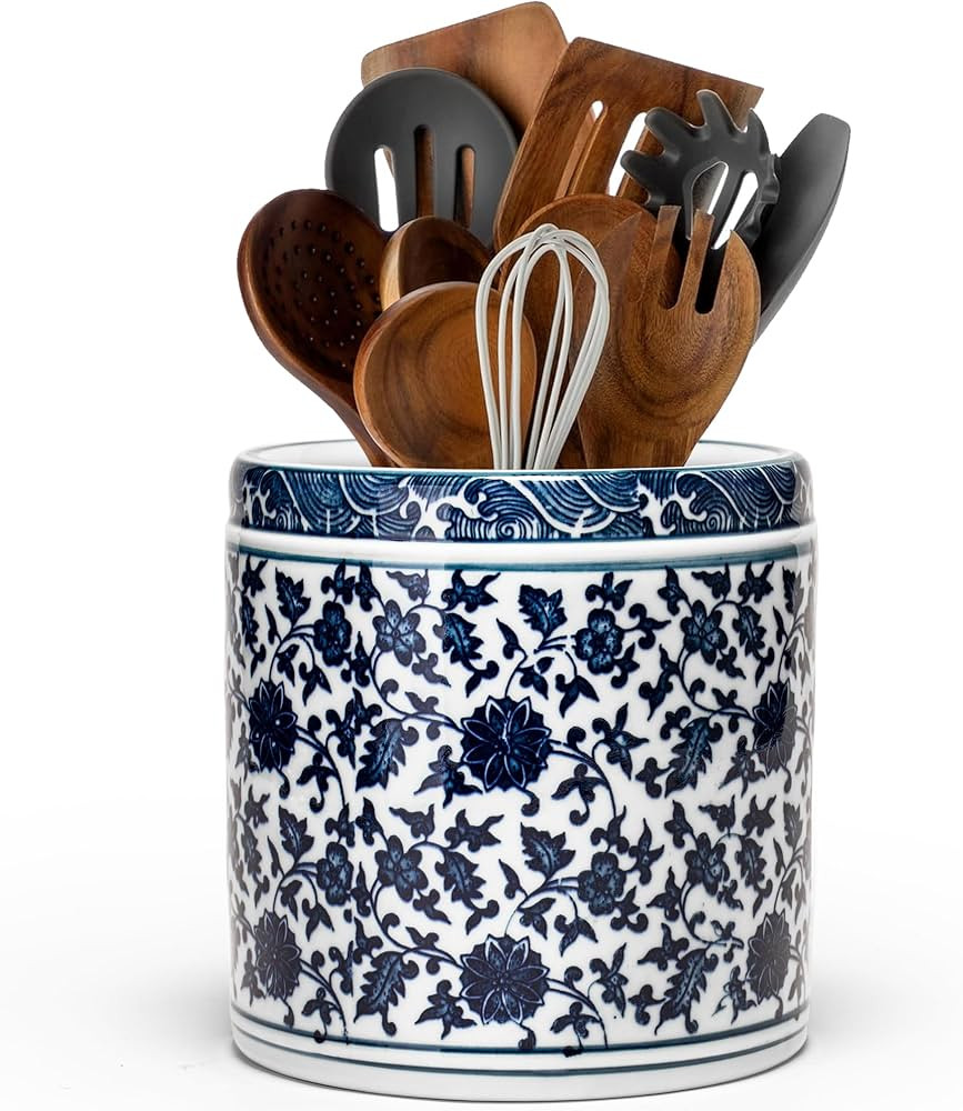 Utensil Holder, 6" Premium Ceramic Kitchen Utensil Rack for Countertop, Hand-painted blue and whi... | Amazon (US)