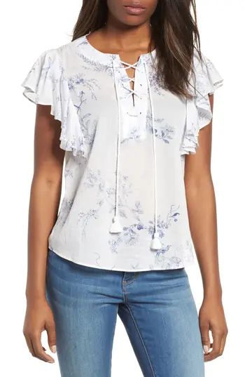 Women's Caslon Flounce Sleeve Lace-Up Blouse, Size X-Small - Ivory | Nordstrom