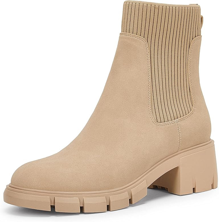 Womens Platform Lug Sole Chelsea Ankle Boots Slip On Chunky Block Heel Elastic Combat Booties | Amazon (US)