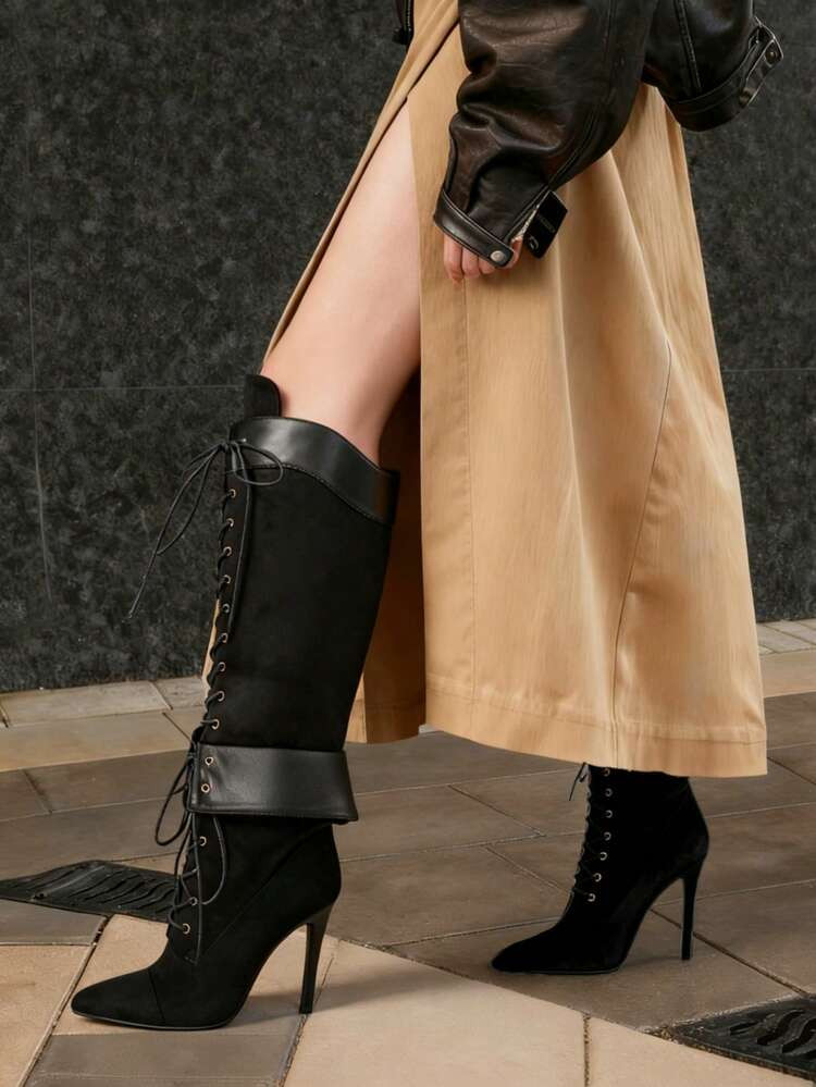 Women's Knee-High Boots Pointed Toe Lace-Up Stilettos Ultra-High Heels Fashionable Wide Calf Over... | SHEIN