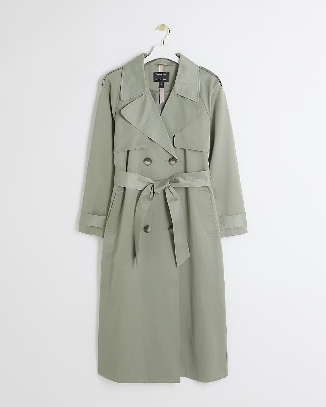 Khaki satin belted longline trench coat | River Island (UK & IE)
