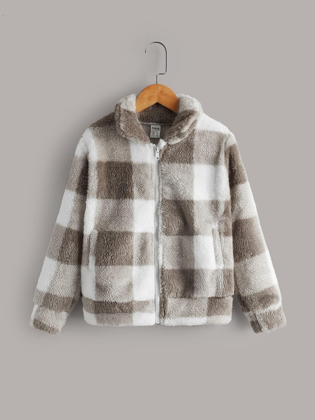 SHEIN Boys Buffalo Plaid Pattern Zipper Teddy Jacket | SHEIN