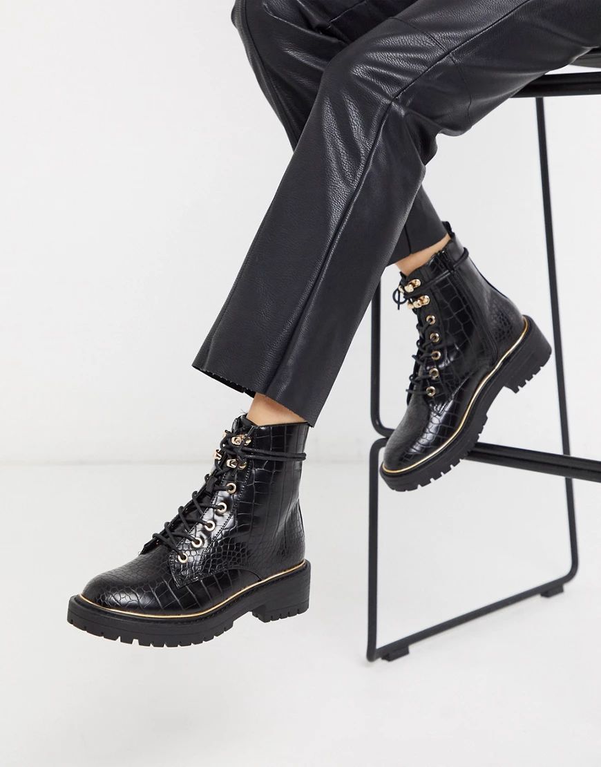 New Look chunky lace up flat boots in black croc | ASOS (Global)