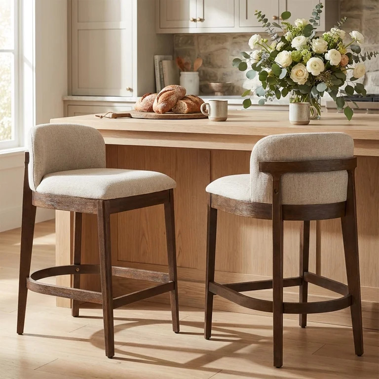 Christopher Knight Home 33"H Wooden Beige Upholstered Counter Stools with Curved Seat, Walnut Fin... | Walmart (US)