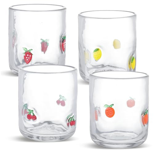 SiliFine 4 Pack Fruit Icon Juice Glasses Set - 14 oz Lemon, Strawberry, Cherry, Orange Stemless Glass Cup for Coffee Wine Cocktail Drinking - Summer Birthday Holiday Party Supplies & Ideal Gift | Amazon (US)