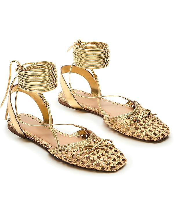 Woven Ballet Flats for Women Lace Up Closed Square Toe Summer Flats Shoes | Amazon (US)