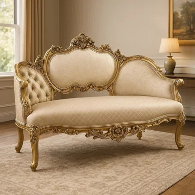 Mara Curved Bench Sofa, Wingback Crystal Tufted, Classic Gold Carvings | Wayfair North America