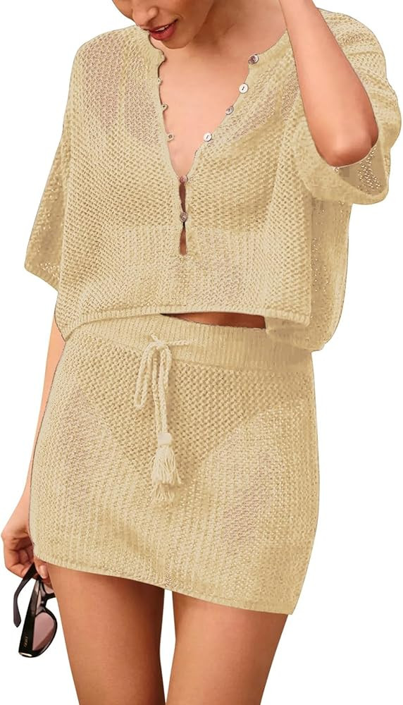 Sovoyontee Women's 2 Piece Swimsuit Coverup Crochet Hollow Out Bathing Suit Swim Beach Cover Up C... | Amazon (US)