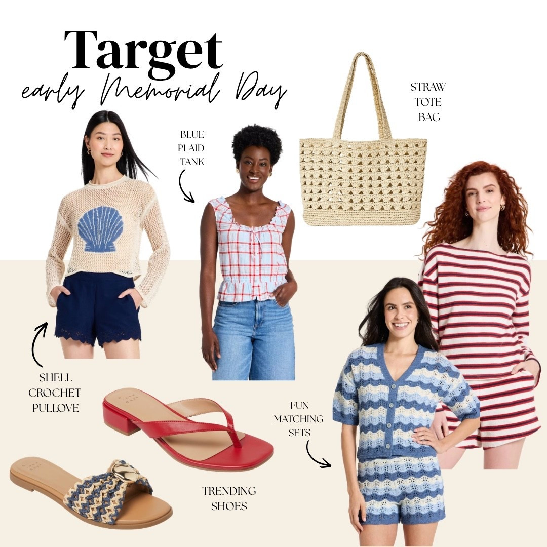 @Target  finds that are so good right now — the early Memorial Day arrivals are here and they are worth every bit of the hype 🎯🤍❤️ Shell crochet pullover, blue plaid ruffle tank, fun matching sets, a straw tote bag, red and white stripe top, and the most trending sandals right now — red white and blue never looked so good. 

#LTKSeasonal #LTKTravel #LTKootd