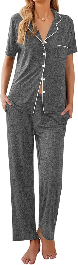 Ekouaer Women Pajamas Set Button Down Sleepwear Short Sleeve Nightwear with Long Pants Soft Pjs S... | Amazon (US)