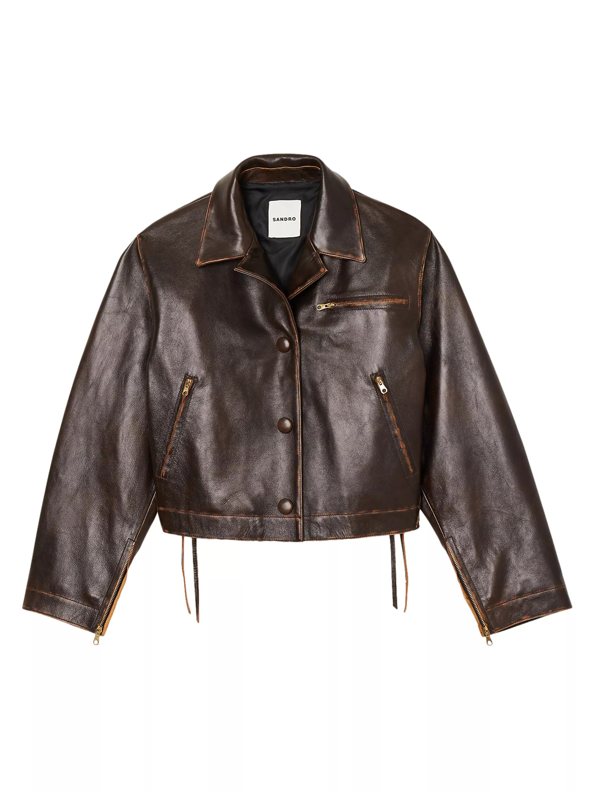 Shop Sandro Distressed Cropped Leather Jacket | Saks Fifth Avenue | Saks Fifth Avenue