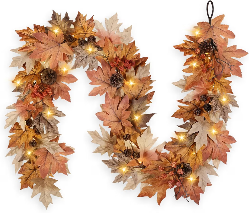6 FT Fall Garland with Lights Timer Function Fall Leaves Garland with Berries Pine Cones Realisti... | Amazon (US)