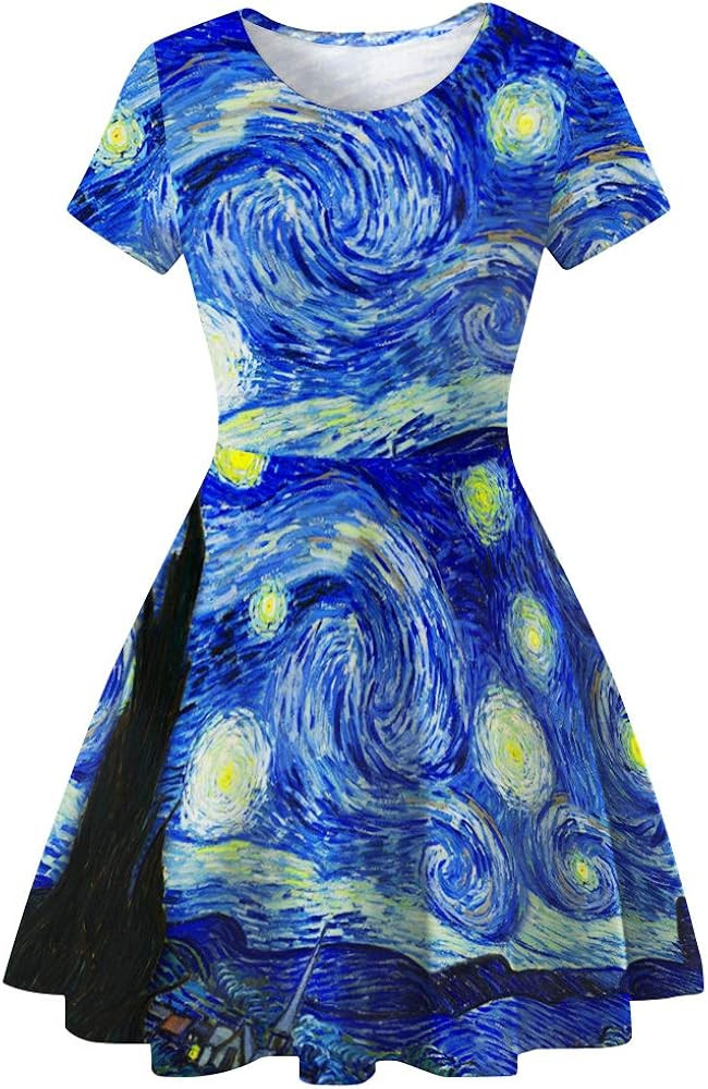 Plustrong Women's 3D Print Short Sleeve Casual Flared Midi Dress | Amazon (US)