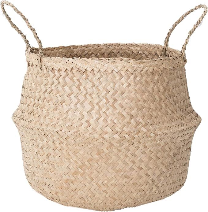 Sona Home Seagrass Basket with Handles, 4 Sizes, 2 Styles - Woven Basket for Plants, Belly Basket... | Amazon (US)