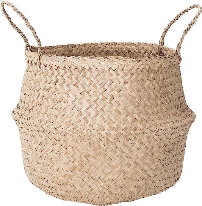Sona Home Seagrass Basket with Handles, 4 Sizes, 2 Styles - Woven Basket for Plants, Belly Basket... | Amazon (US)