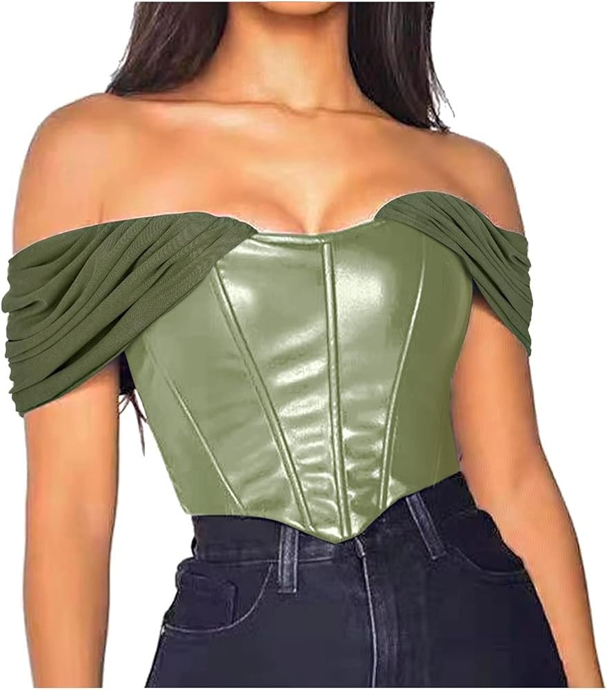 ZAKINUVA Women's Sexy PU Leather Sweetheart Corset Crop Top Cold Shoulder Mesh Sleeve Boned Bustier | Amazon (US)
