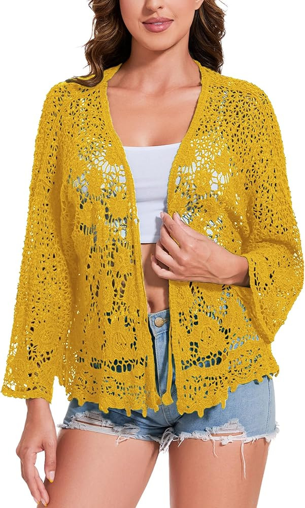 Anna-Kaci Womens Hippie Bohemian Floral Crochet Trim Swimsuit Cover Up Cardigan | Amazon (US)