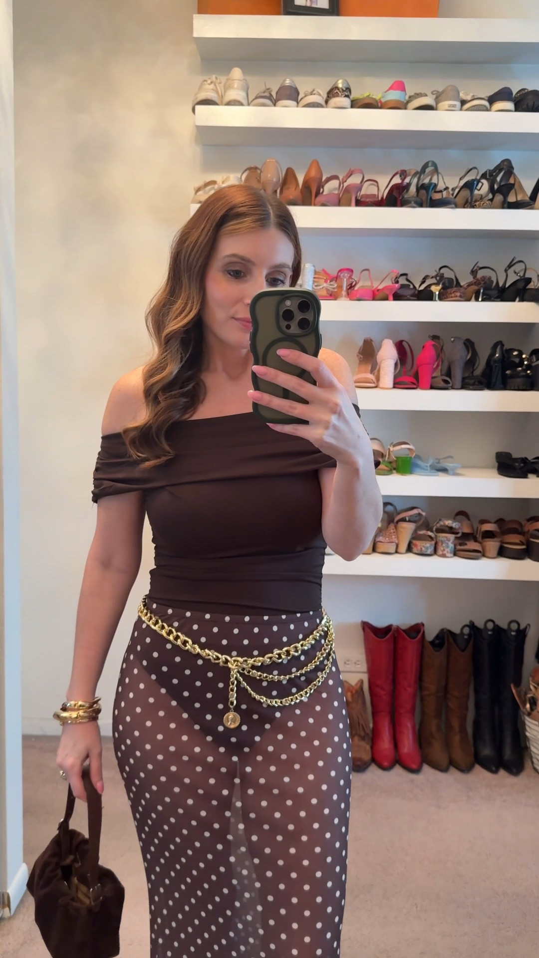 What I wore out for girls night out!

Amazon off the shoulder bodysuit (size small)
ASOS brown and white polka dot sheer maxi skirt (size small)
Amazon rhinestone mesh ballet flats
Amazon gold chain belt

Date night outfit, Amazon outfit, Nashville outfits, country concert outfit, western outfit, rodeo outfit, western fashion, what to wear to a festival, girls night out outfit

#LTKootd #LTKSaleAlert #LTKOver40